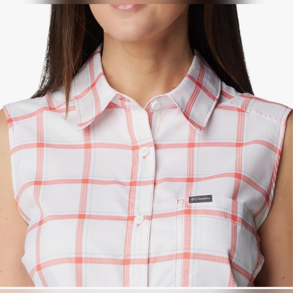 COLUMBIA Anytime Lite Sleeveless Shirt - Pink Windowpane - Size S (NWT) - Picture 2 of 16